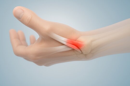 Wrist and palm injury medical illustration De Quervains tenosynovitis with inflamed tendons of extensor pollicis brevis and abductor pollicis longus at radial styloid, wrist tendon and thumb pain