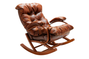 A cozy brown leather and wood rocking chair, ideal for lazy afternoons at home isolated on transparent background