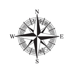 Compass Rose with Cardinal Directions | Black and White Vector Illustration for Navigation, Cartography, and Travel