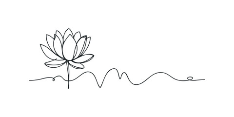 Minimalist continuous line drawing of a lotus flower on wavy line