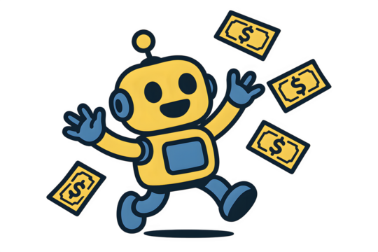 Yellow cartoon robot juggling dollar bills, futuristic AI hospital financial assistant bot for healthcare automation, digital wealth, and money management design