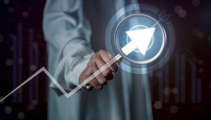 Economic success concept with upward arrow and target icon representing financial growth, business achievement, profit increase, strategic planning, and innovation for long-term economic development.