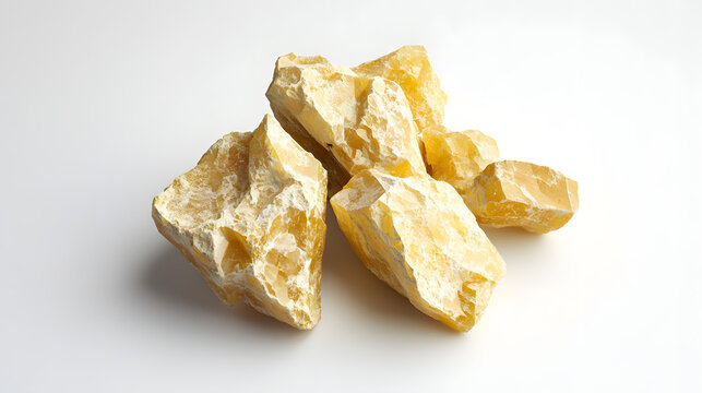Light yellow asafoetida crystals grouped loosely on a pure white backdrop, their irregular textures highlighted by lighting.