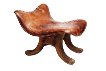 Intricately crafted wooden stool with a leather seat showcasing artisan design and rustic charm isolated on transparent background