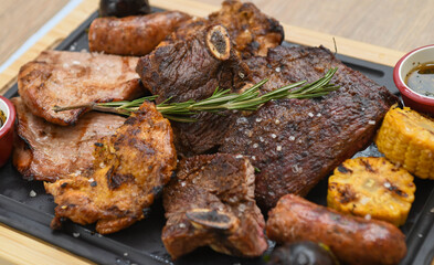 Grilled meats of different cuts of beef served in a restaurant