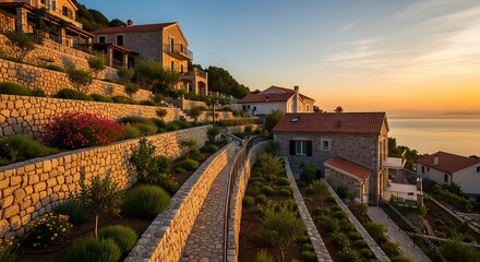 Coastal Village Houses on a Hillside at Sunset.