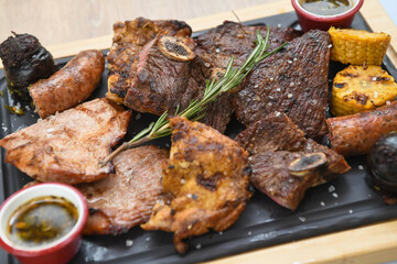 Grilled meats of different cuts of beef served in a restaurant
