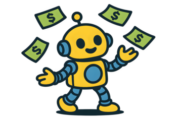 Yellow cartoon robot juggling floating dollar bills, futuristic AI financial assistant bot for hospital healthcare automation, digital savings, and money management