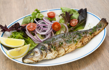Grilled seabass with salad and onion on a white plate