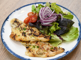 Grilled Fish Fillet with Fresh Garden Salad and Cherry Tomatoes