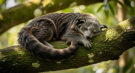 Coati sleeping peacefully on a tree branch in sunlight.