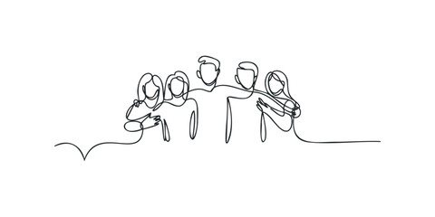 Five people embracing in a continuous line drawing