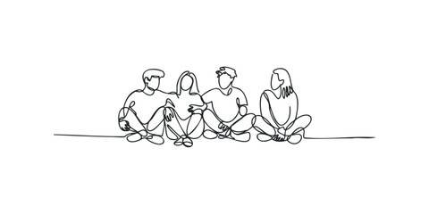 Group of four friends sitting and talking on a white background
