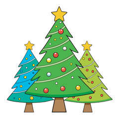 Three christmas trees decorated with ornaments and stars