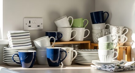 Collection of Mugs and Plates on a Kitchen Counter.