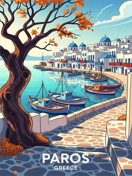 Charming paros greece harbor scene with traditional architecture and boats