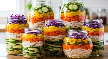 Colorful Assortment of Pickled Vegetables in Glass Jars.