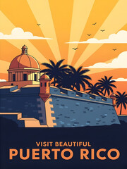 Vintage travel poster for puerto rico with el morro fortress