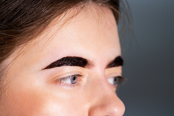 Close-up of Woman's Face with Dark Brown Eyebrow Tint Applied During Styling Procedure