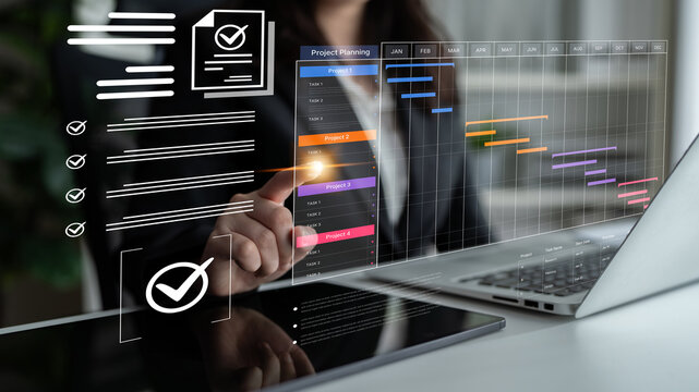 A project management dashboard for business. The interface features a Gantt chart to visualize the project timeline, task scheduling, and overall progress for efficient workflow. Fermion - Powered by Adobe