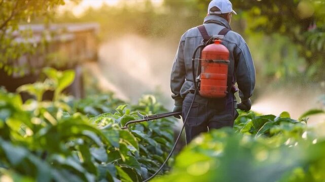 A person wearing protective clothing and carrying a sprayer treats plants in a field, protecting them from pests. Relevant for materials on agriculture, plant protection, environmental issues, and pes