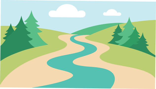 Vector art of a picturesque river winding through green hills and forests under a blue sky with fluffy white clouds