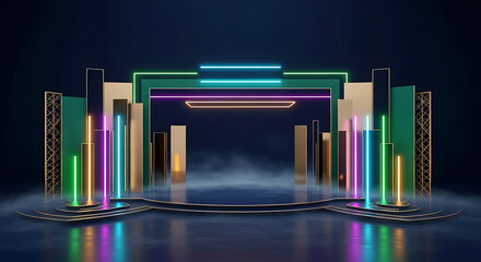 Elegant geometric stage with neon lights and reflective surface creating a modern presentation backdrop.