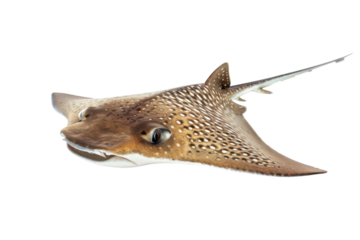 Unique encounter with a spotted stingray on a bright underwater exploration day isolated on transparent background