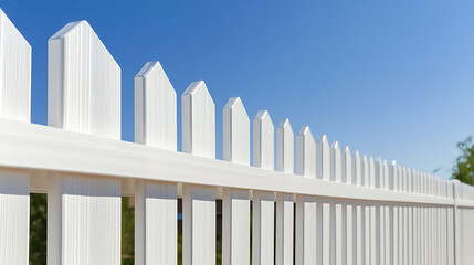 A classic white picket fence stretches across the frame, creating a sense of home and security against a clear blue sky. Suburban charm at its finest.