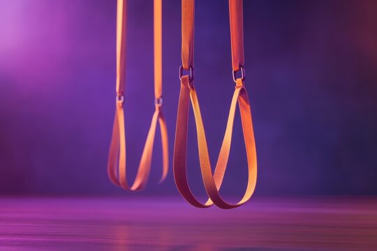Suspension training straps hang in a vibrant fitness studio illuminated by colorful lights