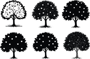 Set of six black tree silhouettes with distinct foliage and fruit shapes for forest design, nature vector art, and illustration