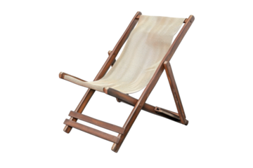 A rustic wooden deck chair for relaxation on a sunny beach day by the ocean shore isolated on transparent background