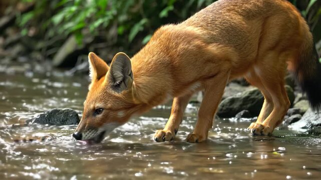 Alert Dhole or Asiatic wild dog drinks water from stream in lush forest, wildlife.