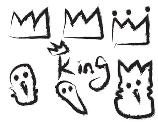 A collection of hand-drawn graffiti style crowns and quirky characters with the word King.