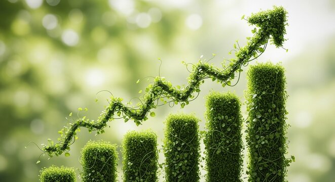 Green graph with upward arrow made of plants symbolizing growth and financial success