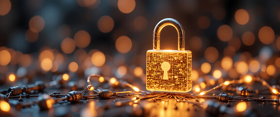 a connected metalick curcuite with glowing connection points, a 4d digital glowing golden lock standing on the middle, copy space on the left, warm and colors theme, 
