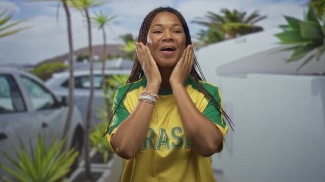 Woman wearing yellow brazil jersey covers mouth with hands in street parking lot near parked cars and palm trees; surprise celebration.
