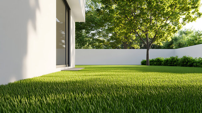 Exterior lawn area with manicured green grass and minimalist white house. Trees and a wall provide privacy and a sense of serenity.
