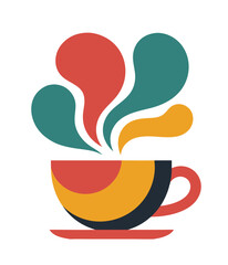 A colorful and abstract illustration of a steaming cup of coffee.