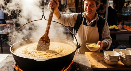 Chef stirring a large pot of soup at an outdoor event.