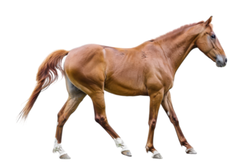 A beautiful chestnut horse gracefully walking on a bright, clear day in an open field isolated on transparent background