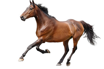A majestic brown horse galloping gracefully across an open field during golden hour light isolated on transparent background