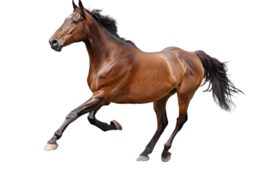 A majestic brown horse galloping gracefully across an open field during golden hour light isolated on transparent background