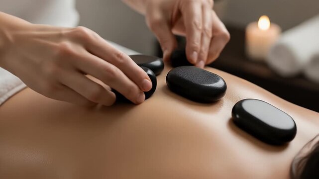 Close Up Of Therapist Hands Placing Smooth Black Hot Stones On Clients Bare Back During A Soothing Spa Massage Treatment In Warm Candlelit Room With Soft Lighting