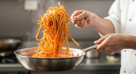 Chef tossing spaghetti with sauce in a pan, showcasing culinary expertise.