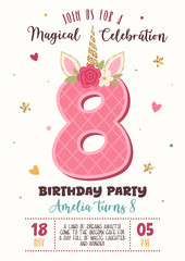 Birthday invitation with cute unicorn number 8 and floral elements. Magical celebration, kids party poster, fantasy design. Vector illustration. Unicorn, horn, glitter, flowers, pink, gold, confetti