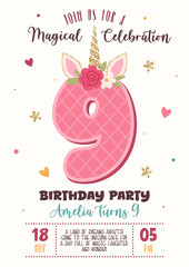 Birthday invitation with cute unicorn number 9 and floral elements. Magical celebration, kids party poster, fantasy design. Vector illustration. Unicorn, horn, glitter, flowers, pink, gold, confetti