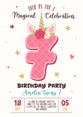 Birthday invitation with cute unicorn number 7 and floral elements. Magical celebration, kids party poster, fantasy design. Vector illustration. Unicorn, horn, glitter, flowers, pink, gold, confetti