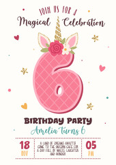 Birthday invitation with cute unicorn number 6 and floral elements. Magical celebration, kids party poster, fantasy design. Vector illustration. Unicorn, horn, glitter, flowers, pink, gold, confetti