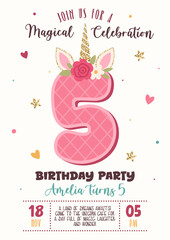 Birthday invitation with cute unicorn number 5 and floral elements. Magical celebration, kids party poster, fantasy design. Vector illustration. Unicorn, horn, glitter, flowers, pink, gold, confetti